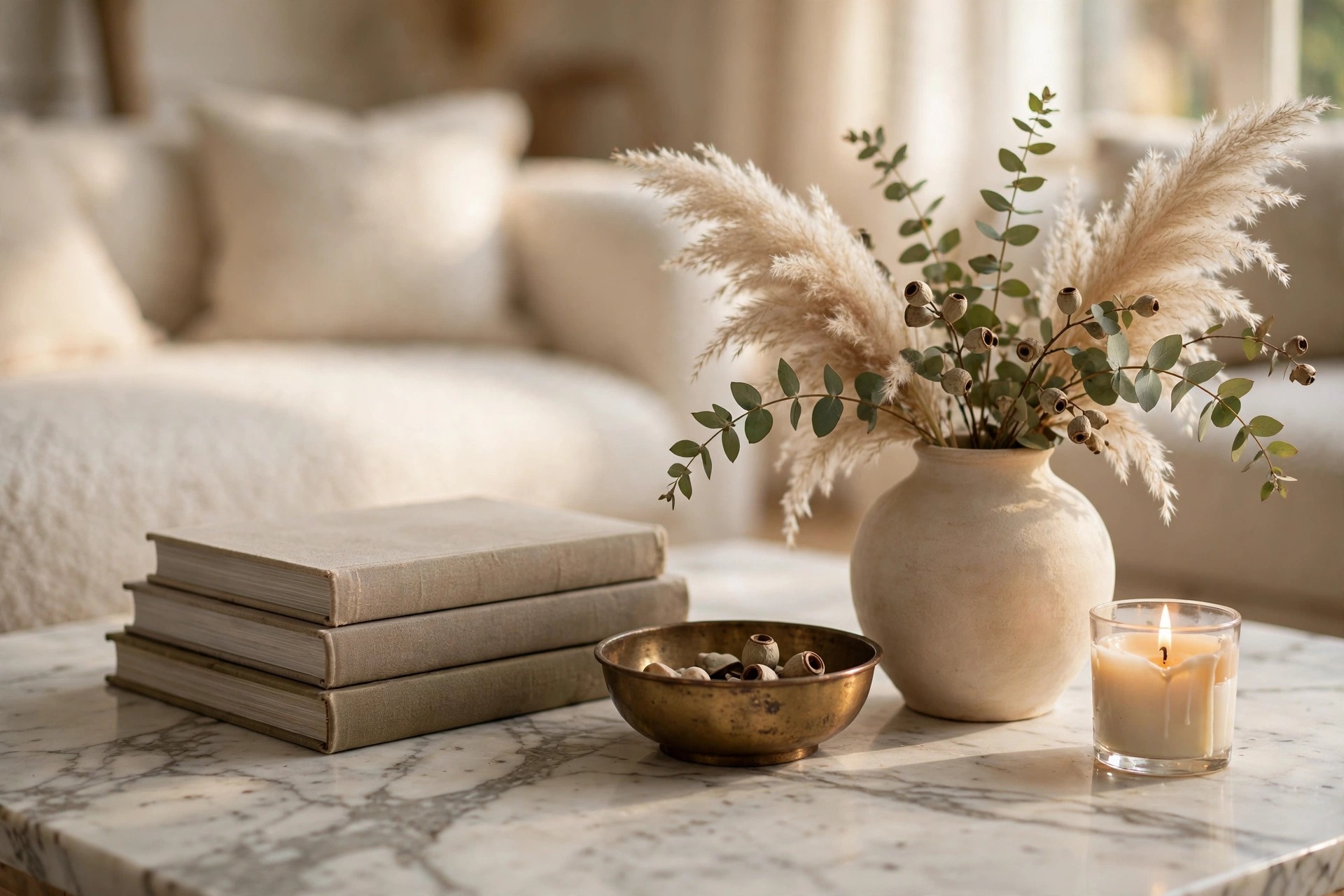 Styled marble coffee table with art books, brass bowl and vase