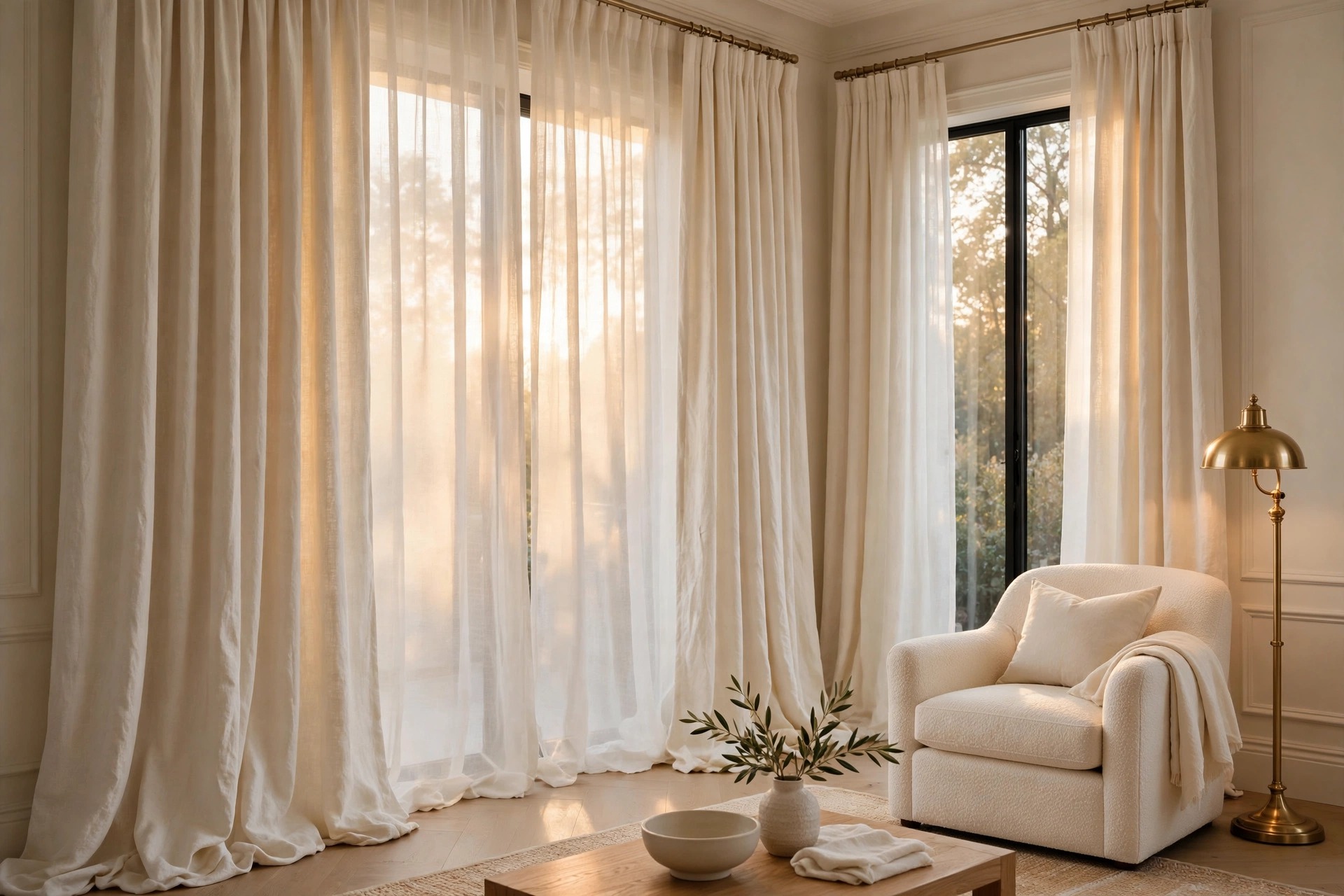 Floor-to-ceiling linen drapes in a luxury living room with golden sunlight