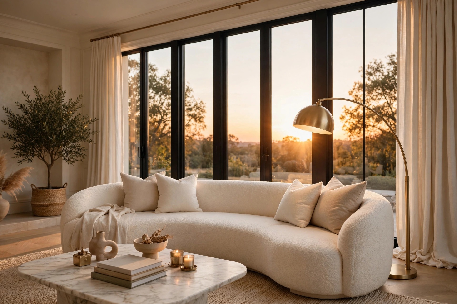 Luxury living room decor ideas with cream boucle sofa, brass lamp and marble coffee table at golden hour