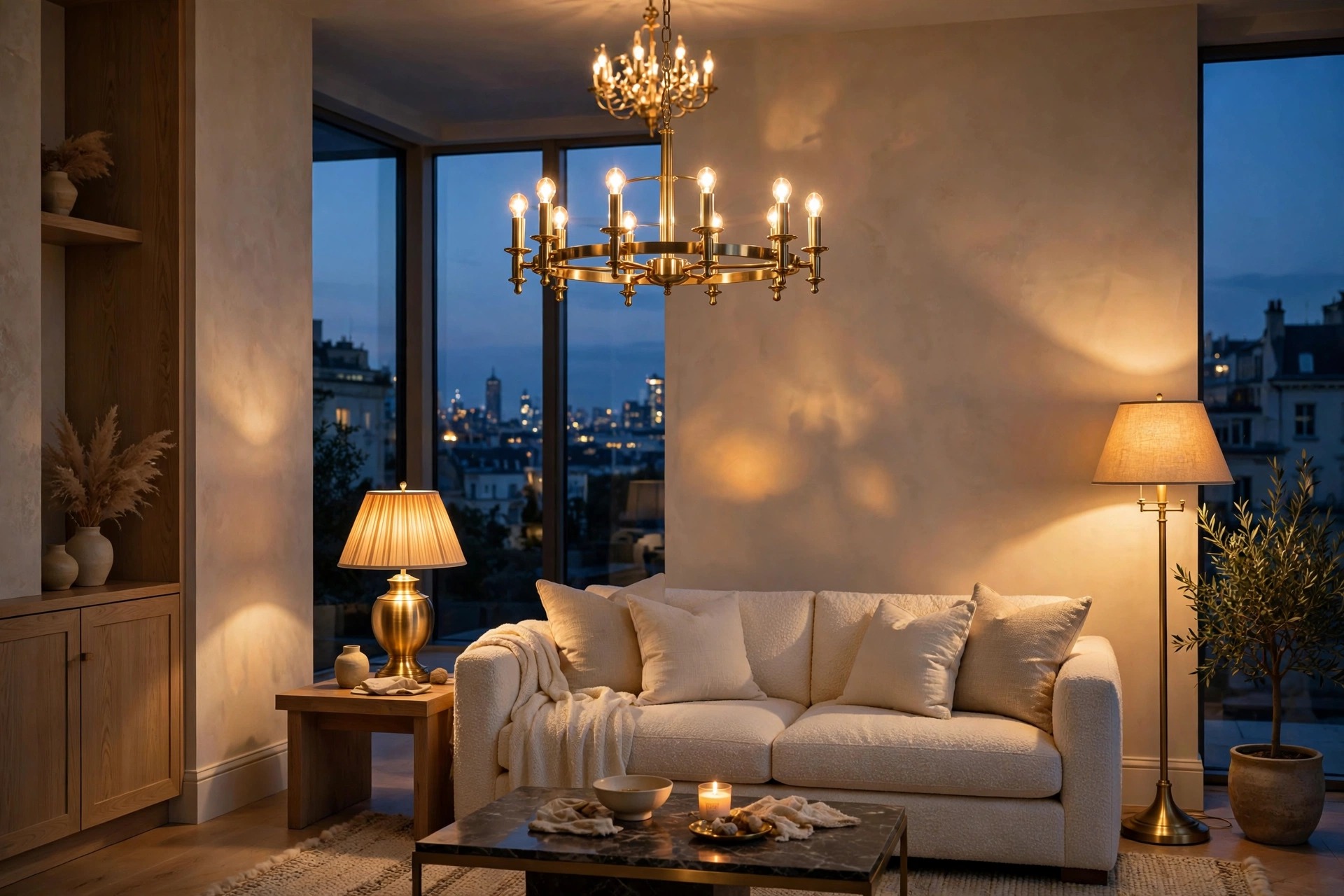 Layered luxury living room lighting with brass chandelier and warm lamps