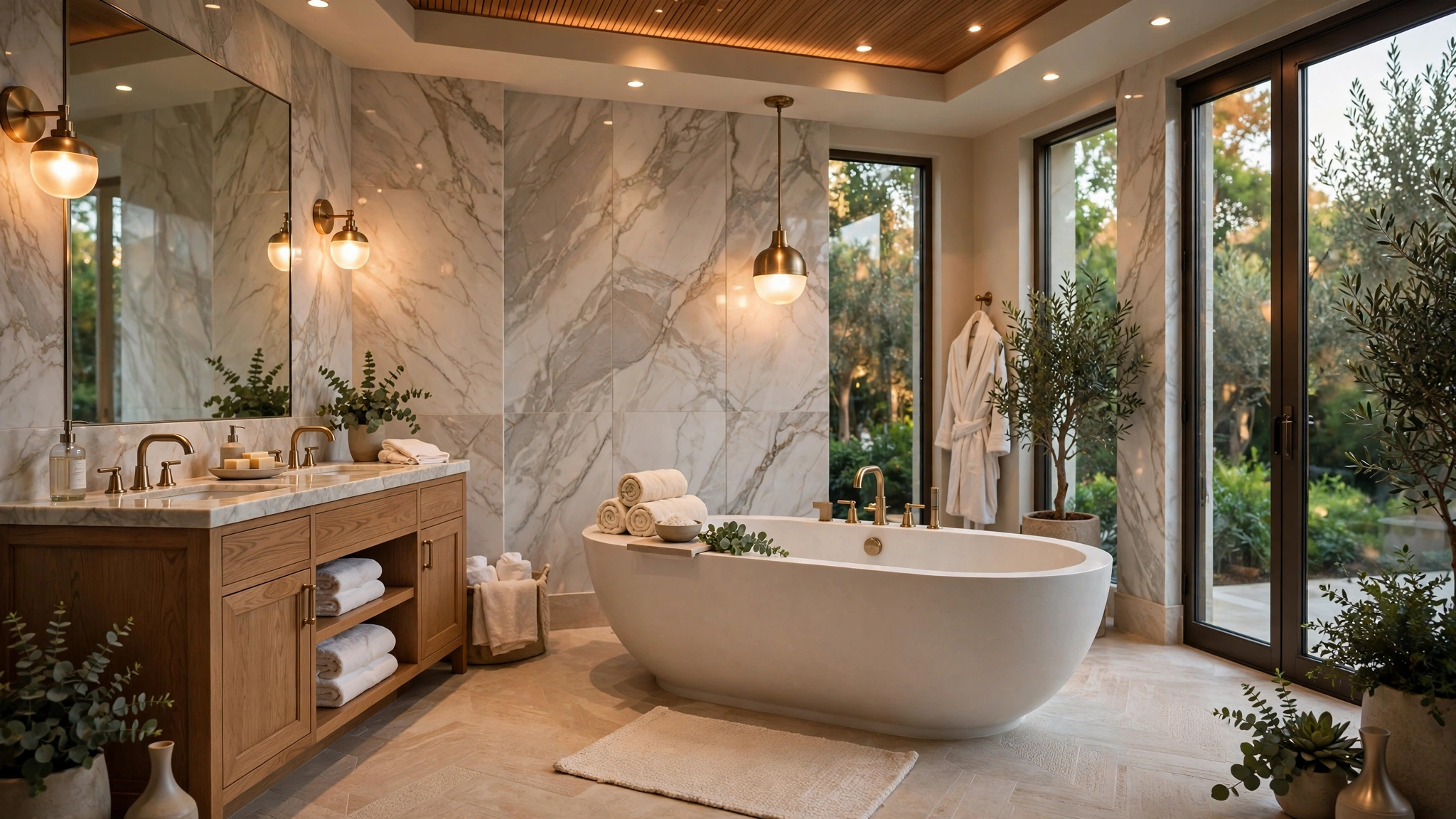 Luxury bathroom decor with marble walls, freestanding tub and brushed brass fixtures