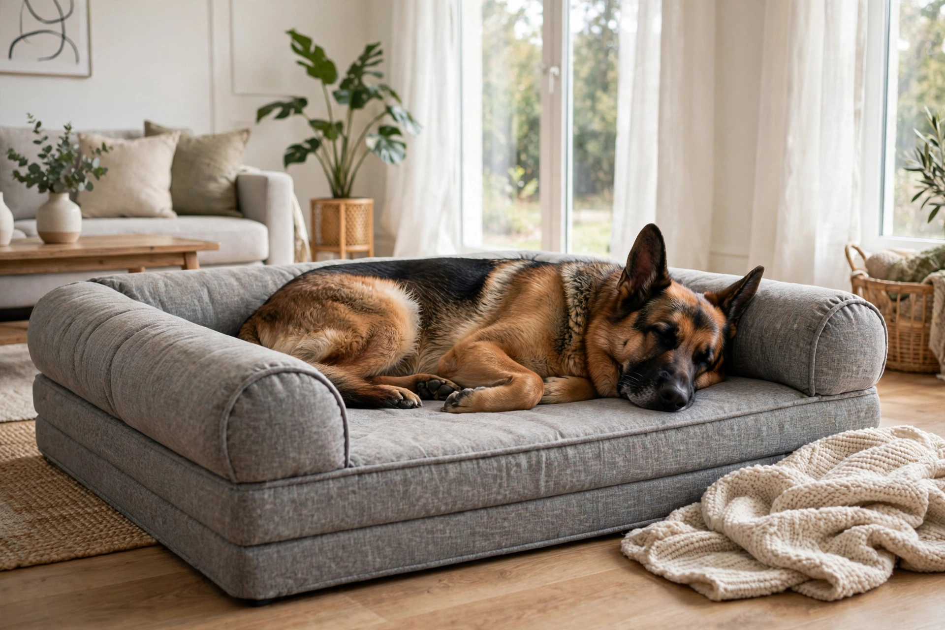 Large German Shepherd sleeping on a thick orthopedic memory-foam dog bed in a bright living room