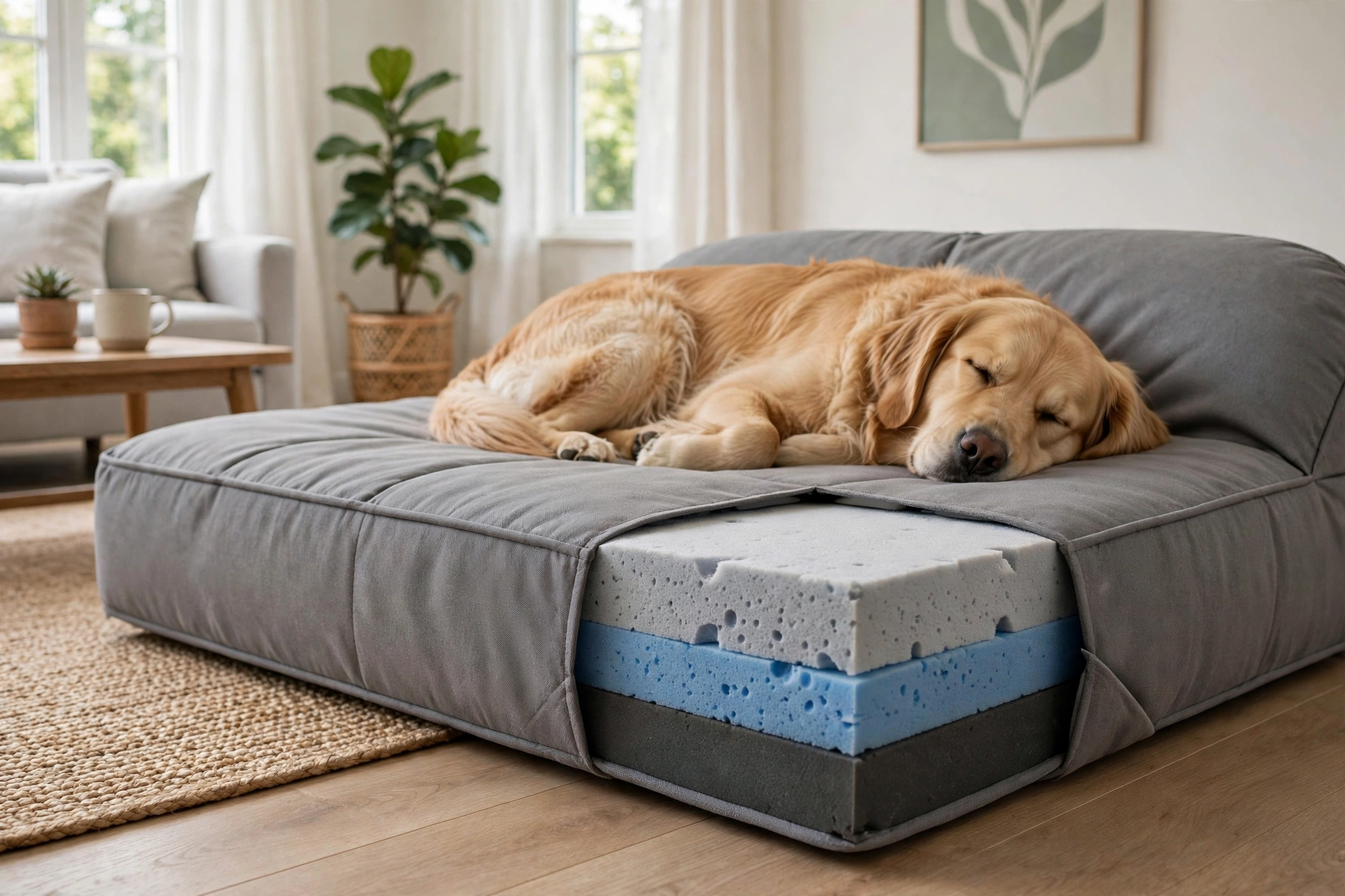 Memory-foam orthopedic dog bed cutaway showing foam layers with a large dog