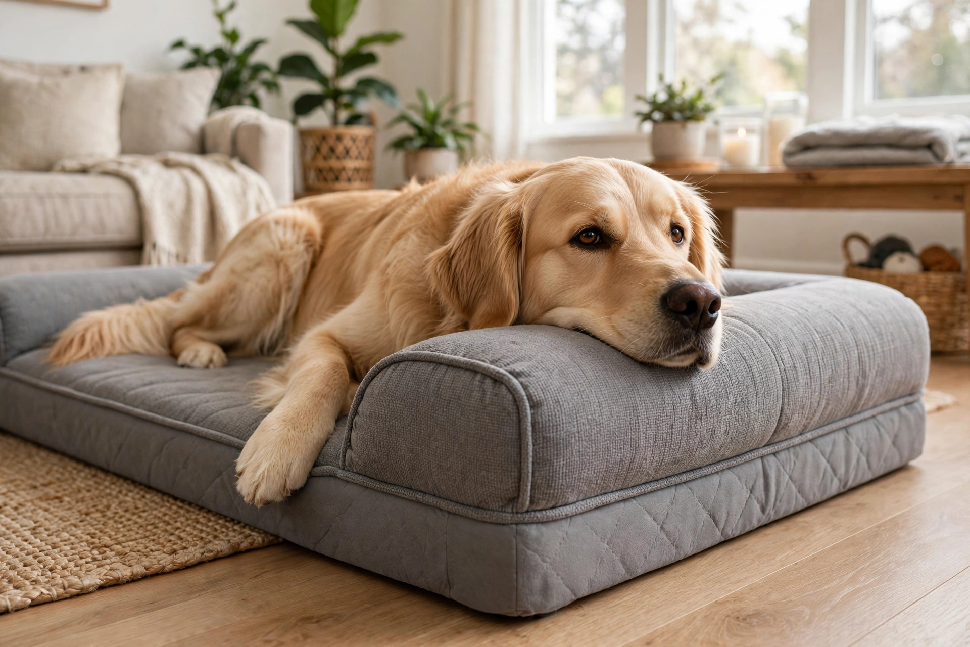 Large dog resting its chin on the bolster of an orthopedic bed