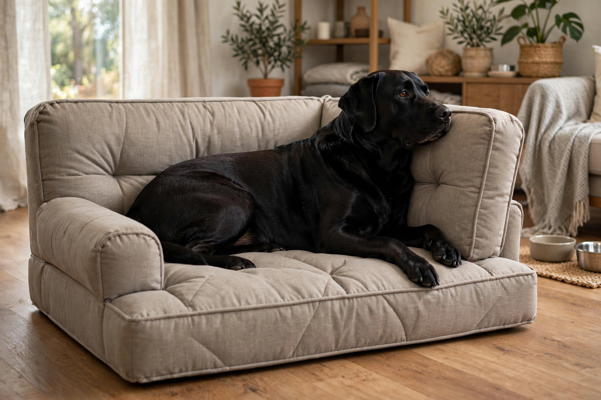 Sofa-style orthopedic dog bed with backrest and armrests