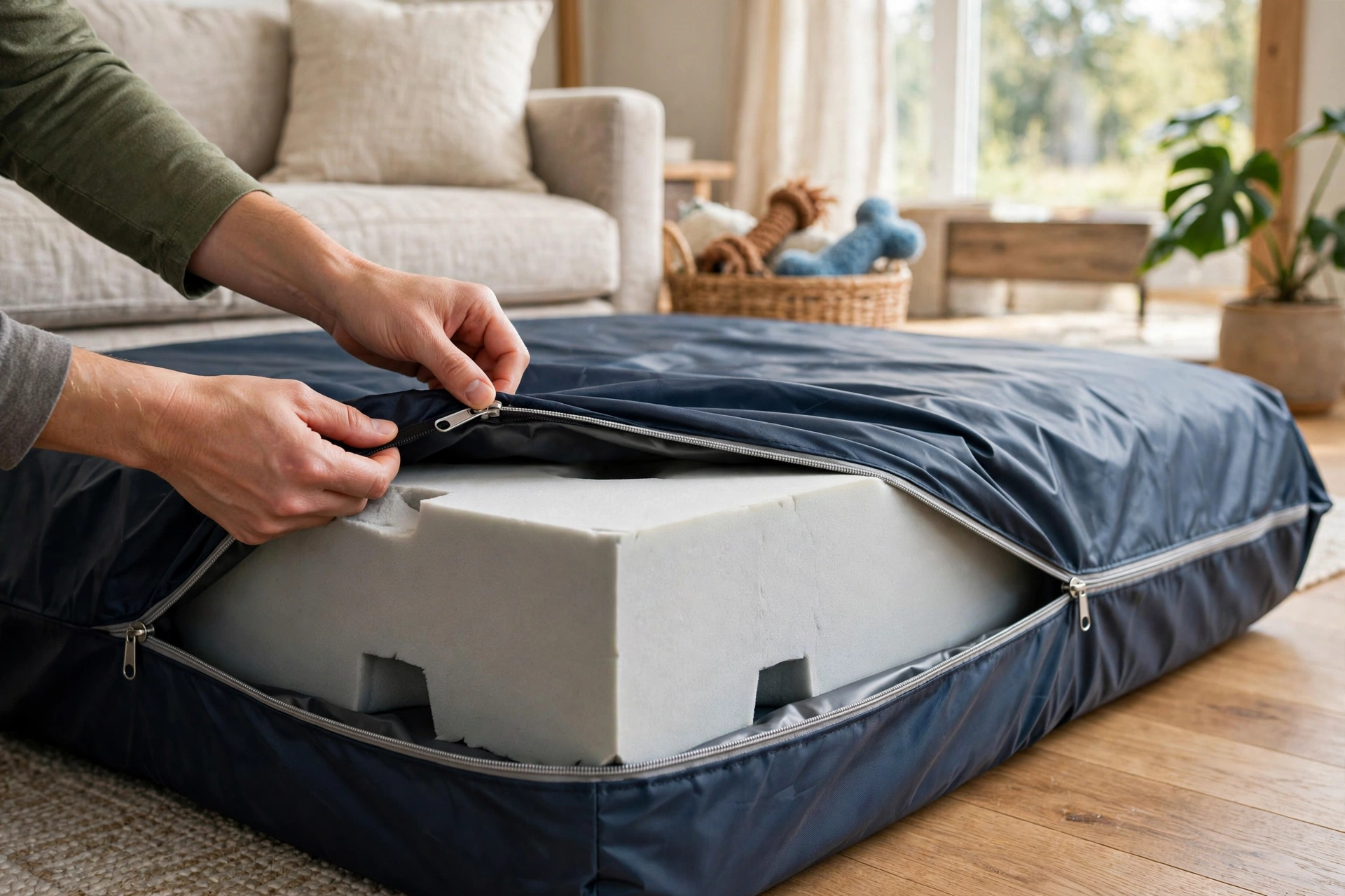 Waterproof liner being zipped over an orthopedic dog bed foam core