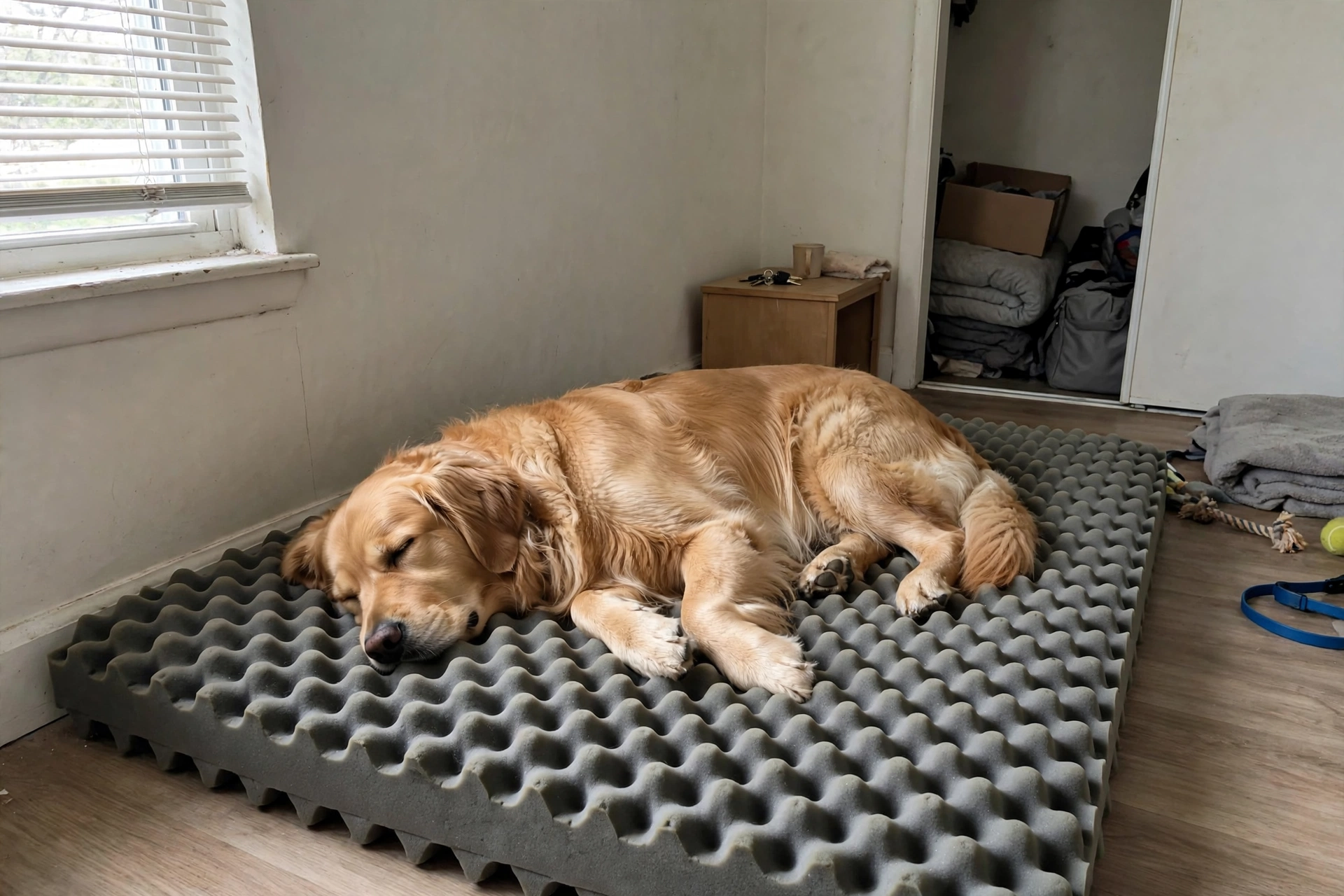 Budget egg-crate foam dog bed with a large dog lying on it