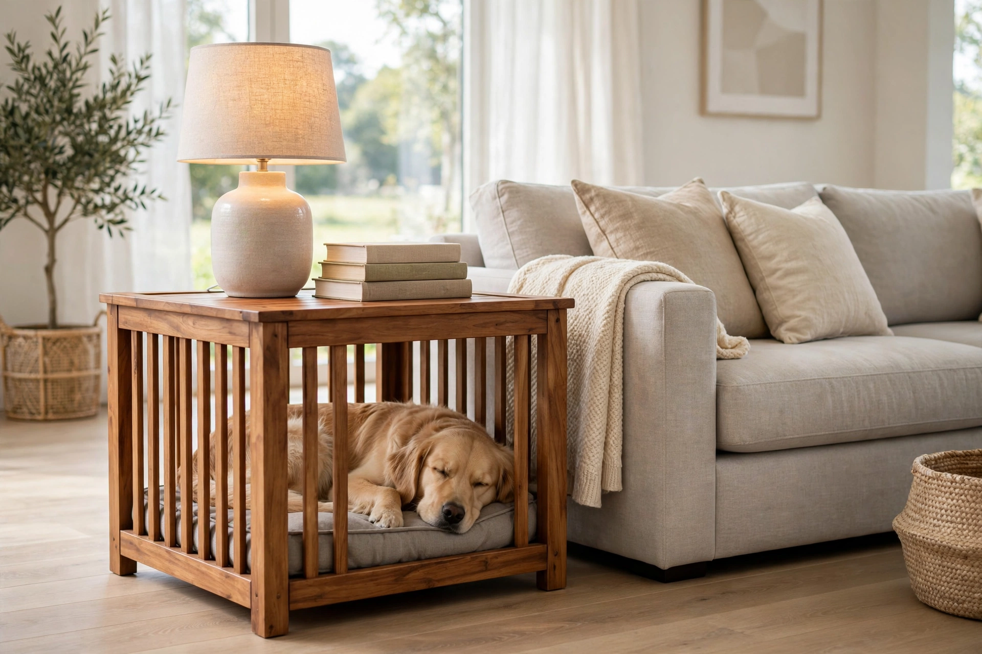 Elegant wooden dog crate styled as an end table beside a sofa with a dog resting inside