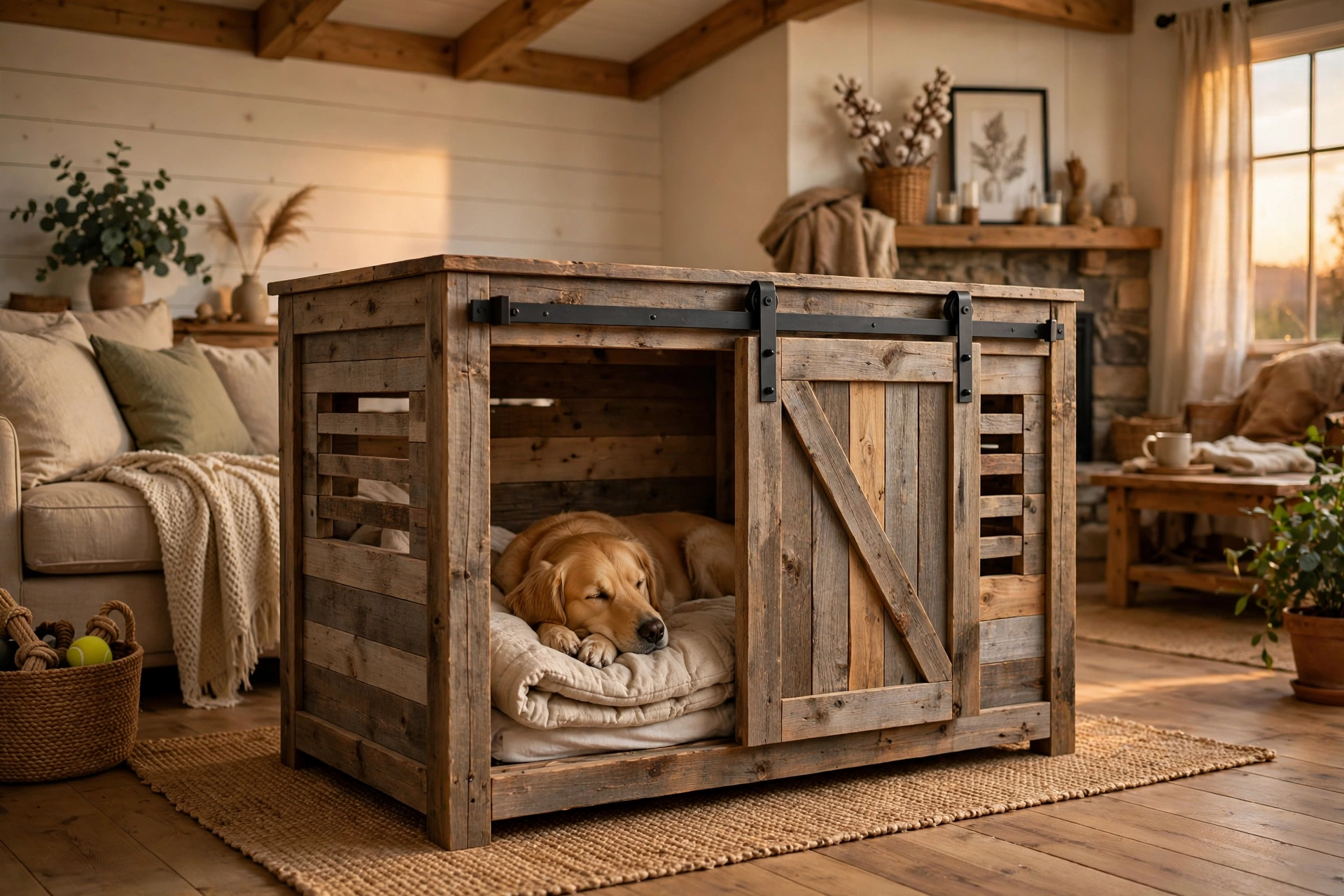 Rustic barn-door style wooden dog crate in a farmhouse living room