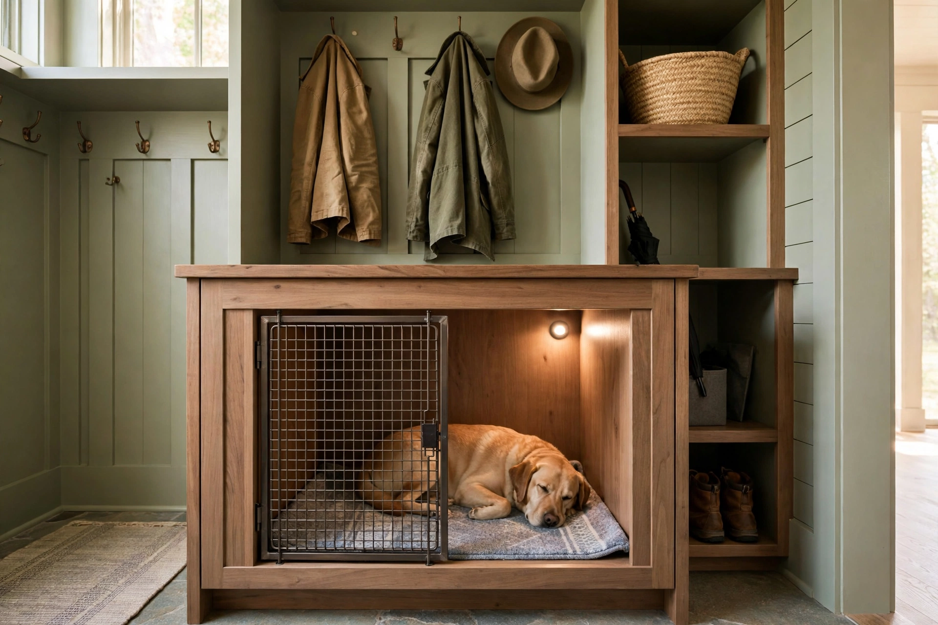 Dog crate built into a mudroom cabinet nook with ventilation grate