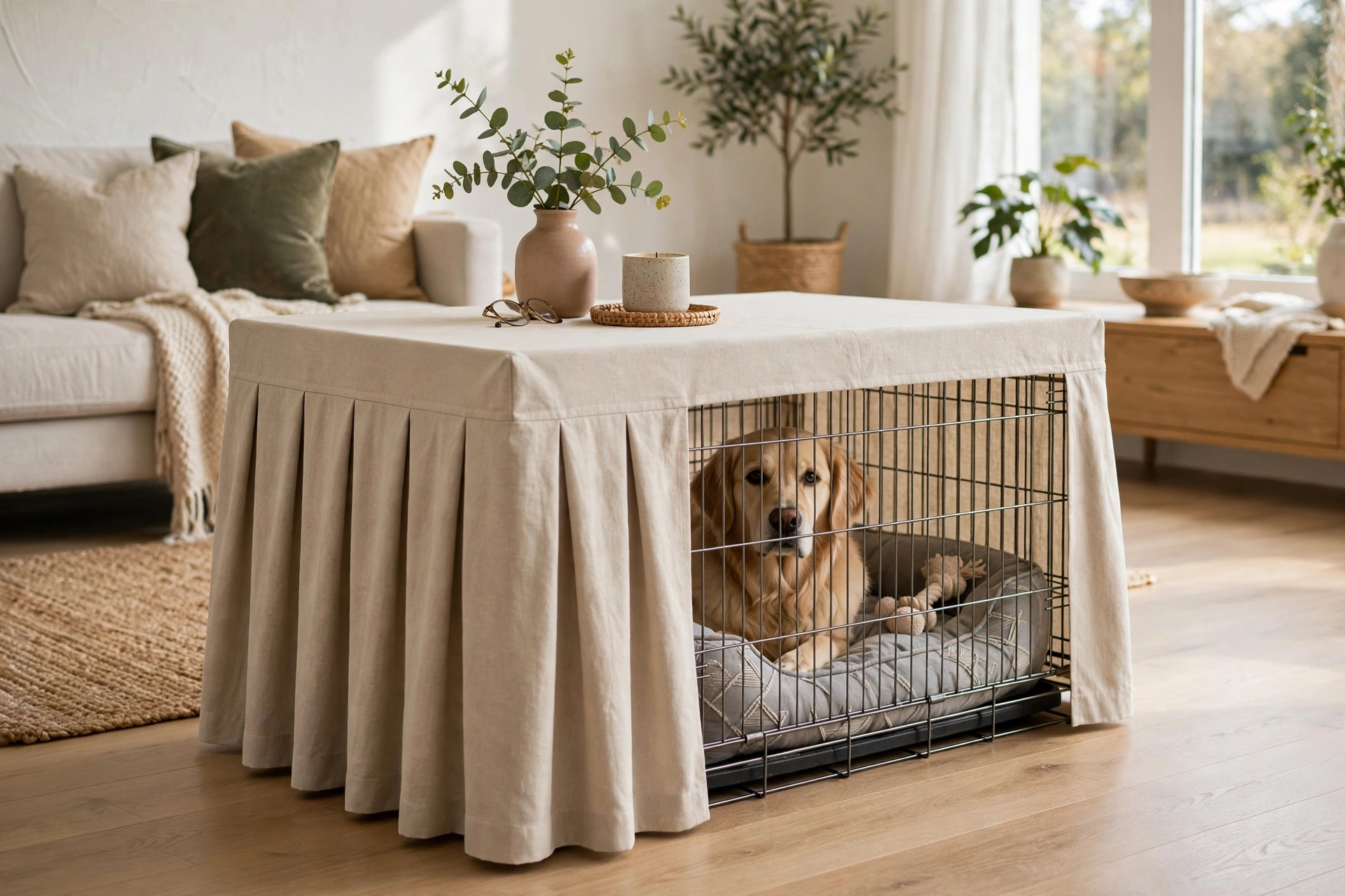 Wire dog crate with a tailored washable fabric cover styled as a side table