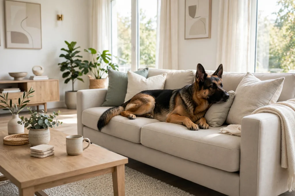 German Shepherd lounging on a performance-fabric sofa in a dog-friendly living room
