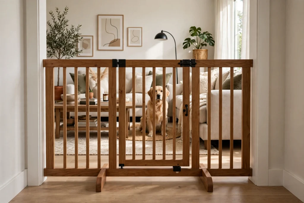 Freestanding wooden pet gate with walk-through door in a stylish living room