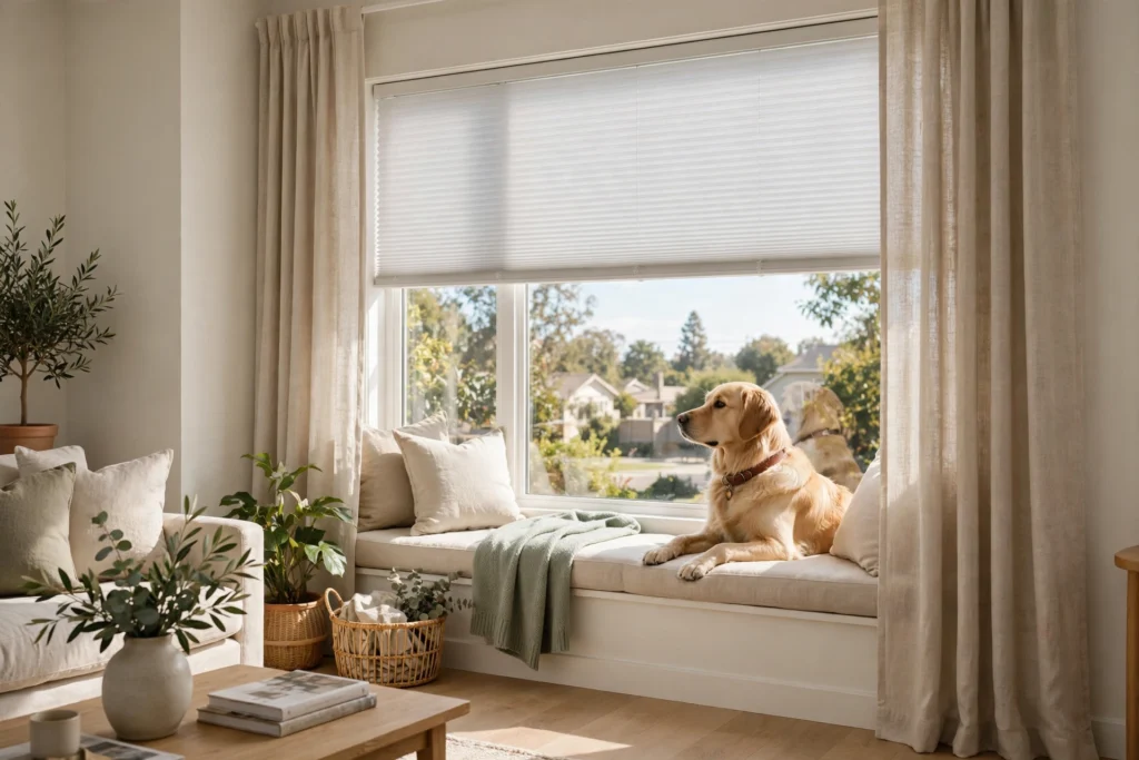Dog looking out a living room window with washable curtains and cordless blinds