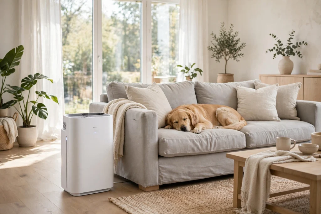 HEPA air purifier beside a sofa in a fresh dog-friendly living room