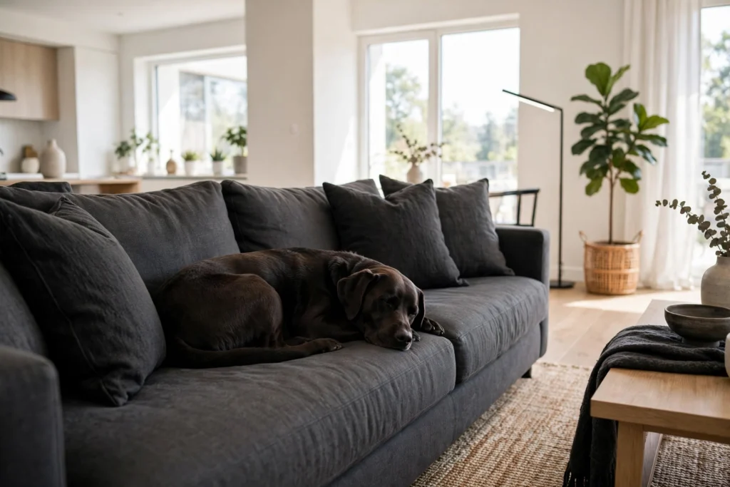 Dark-coated dog resting on a charcoal sofa with colors matched to its fur