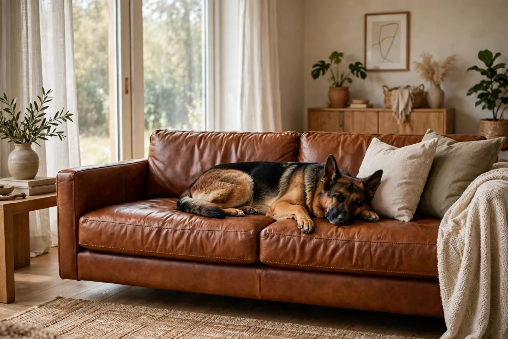 German Shepherd lying on a full-grain leather sofa in a warm living room