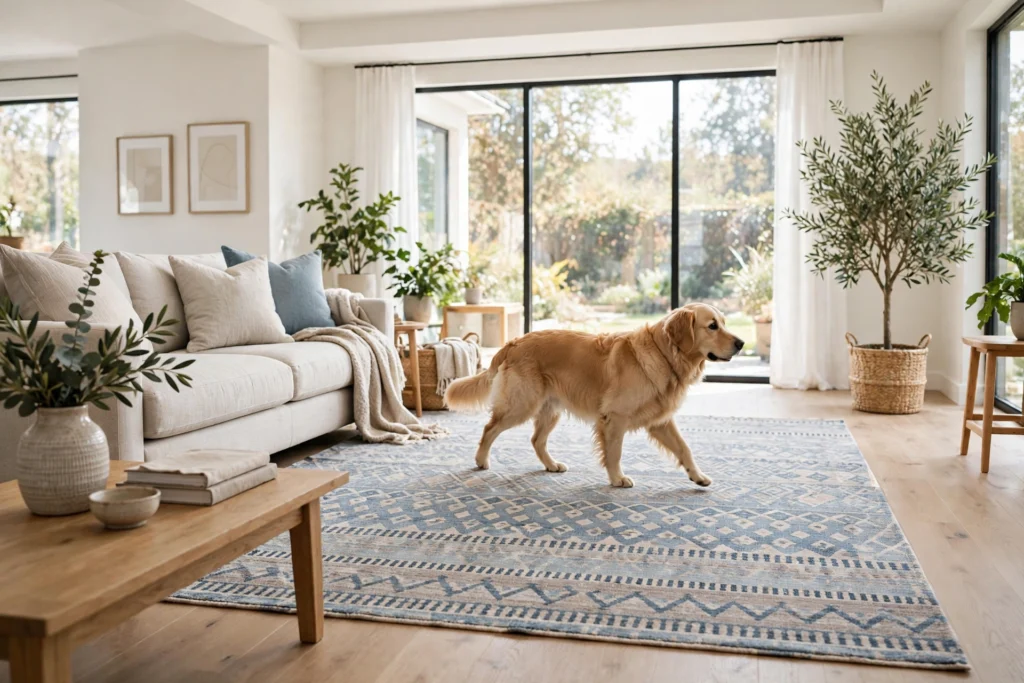 Dog walking across a low-pile patterned washable rug in a living room