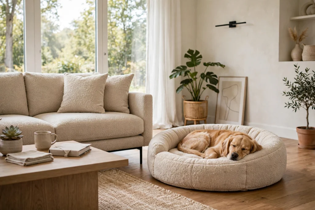 Stylish bolster dog bed beside a modern sofa with a dog resting in it