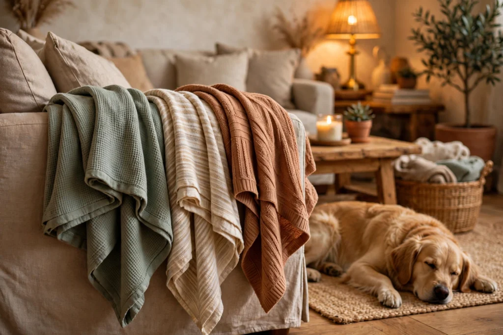 Washable throw blankets draped over a sofa arm in a dog-friendly living room