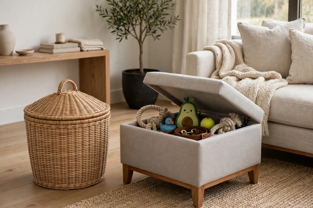 Lidded basket and storage ottoman organizing dog toys and leash in a living room