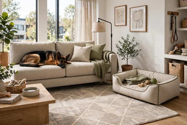 Stylish dog-friendly living room with German Shepherd on a performance-fabric sofa
