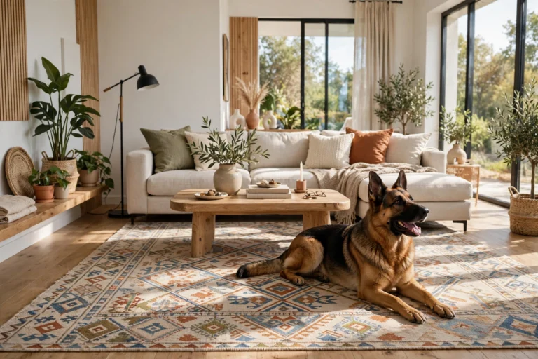 Bright living room with large washable area rug and dog lying on it