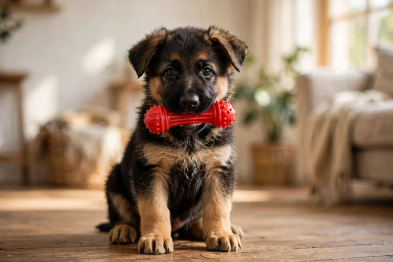German Shepherd puppy chewing a rubber chew toy on a living room rug