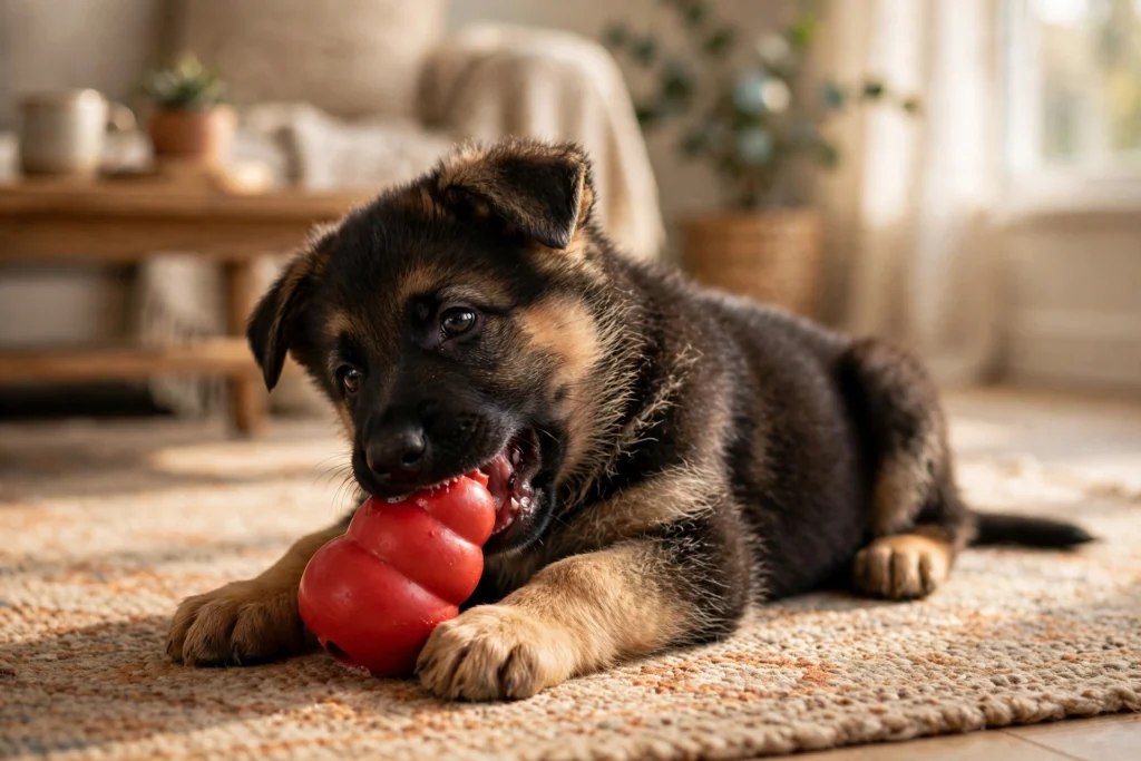German Shepherd puppy redirecting biting to a rubber chew toy