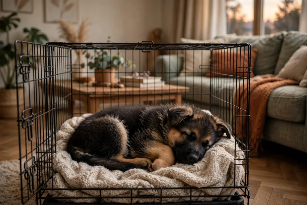 German Shepherd puppy sleeping peacefully in a crate