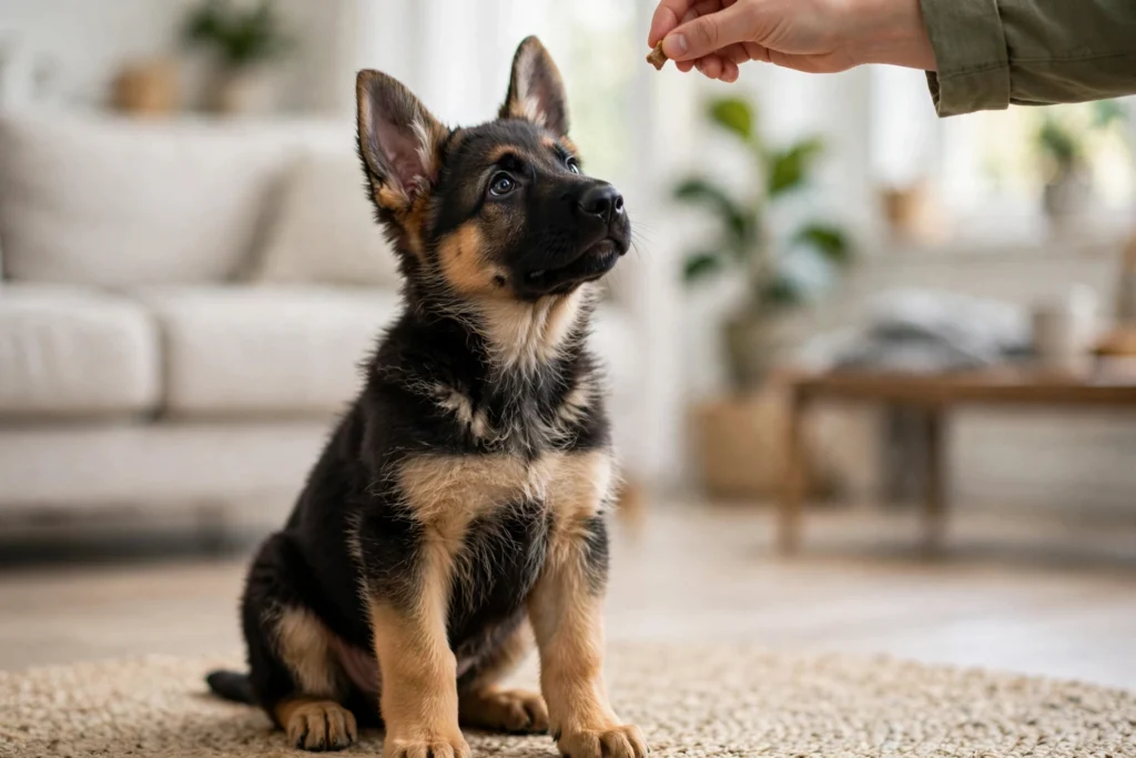 German Shepherd puppy learning leave it during training