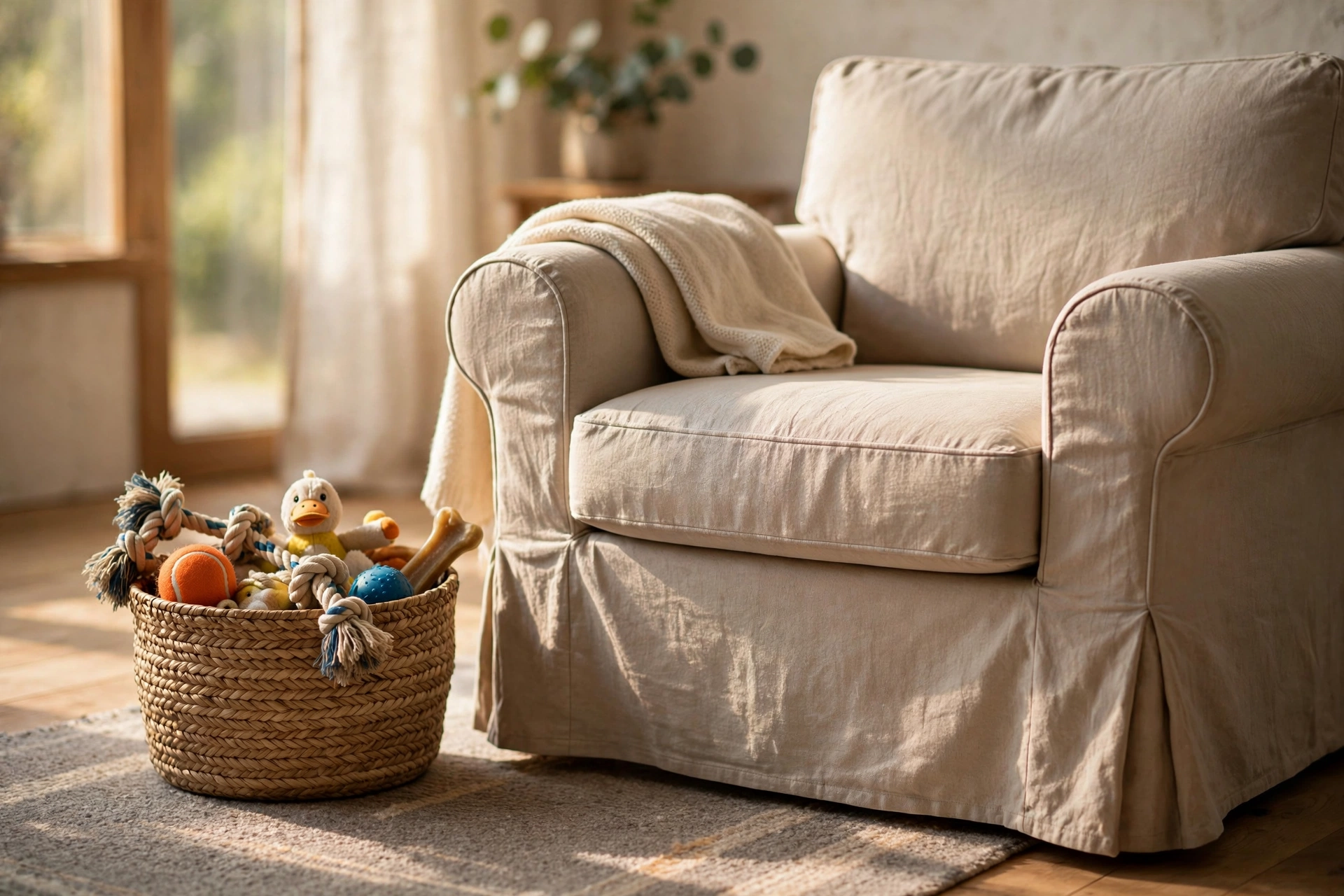 Washable slipcovered armchair with basket of dog toys in a dog-friendly living room