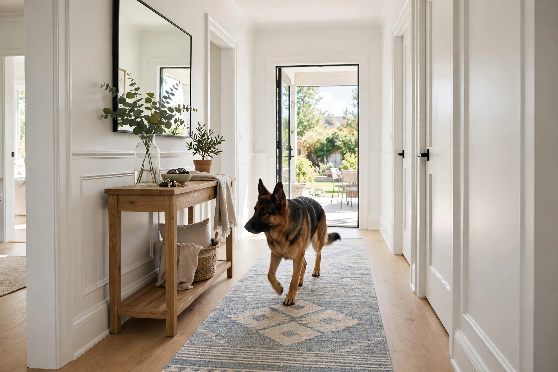 Washable runner rug in a hallway with a dog walking on it