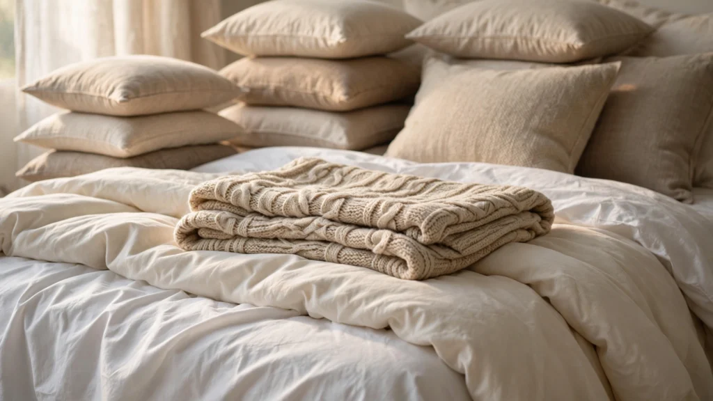 Close-up of layered white and cream bedding with a chunky knit throw