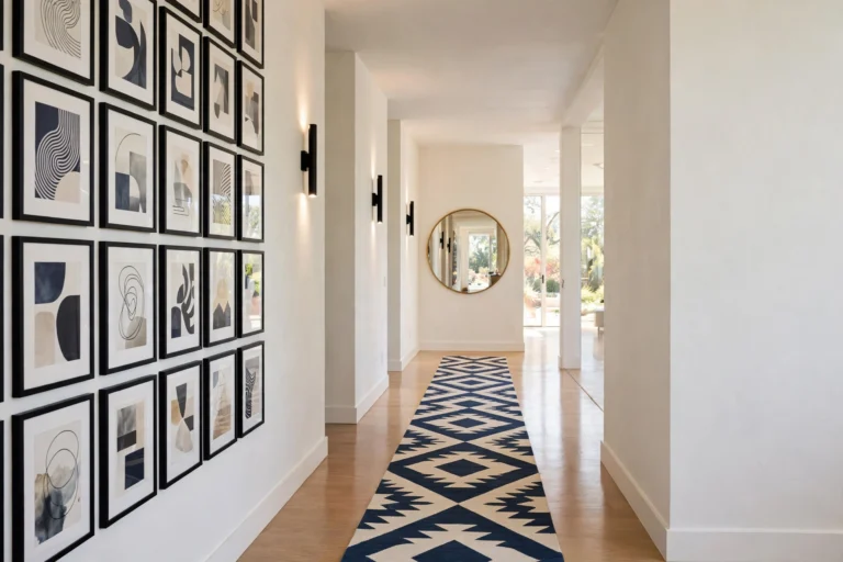 Modern hallway with gallery wall, runner rug and warm sconce lighting