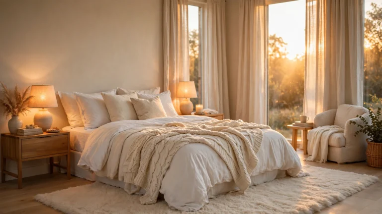 Cozy bedroom with soft layered bedding in warm neutral tones