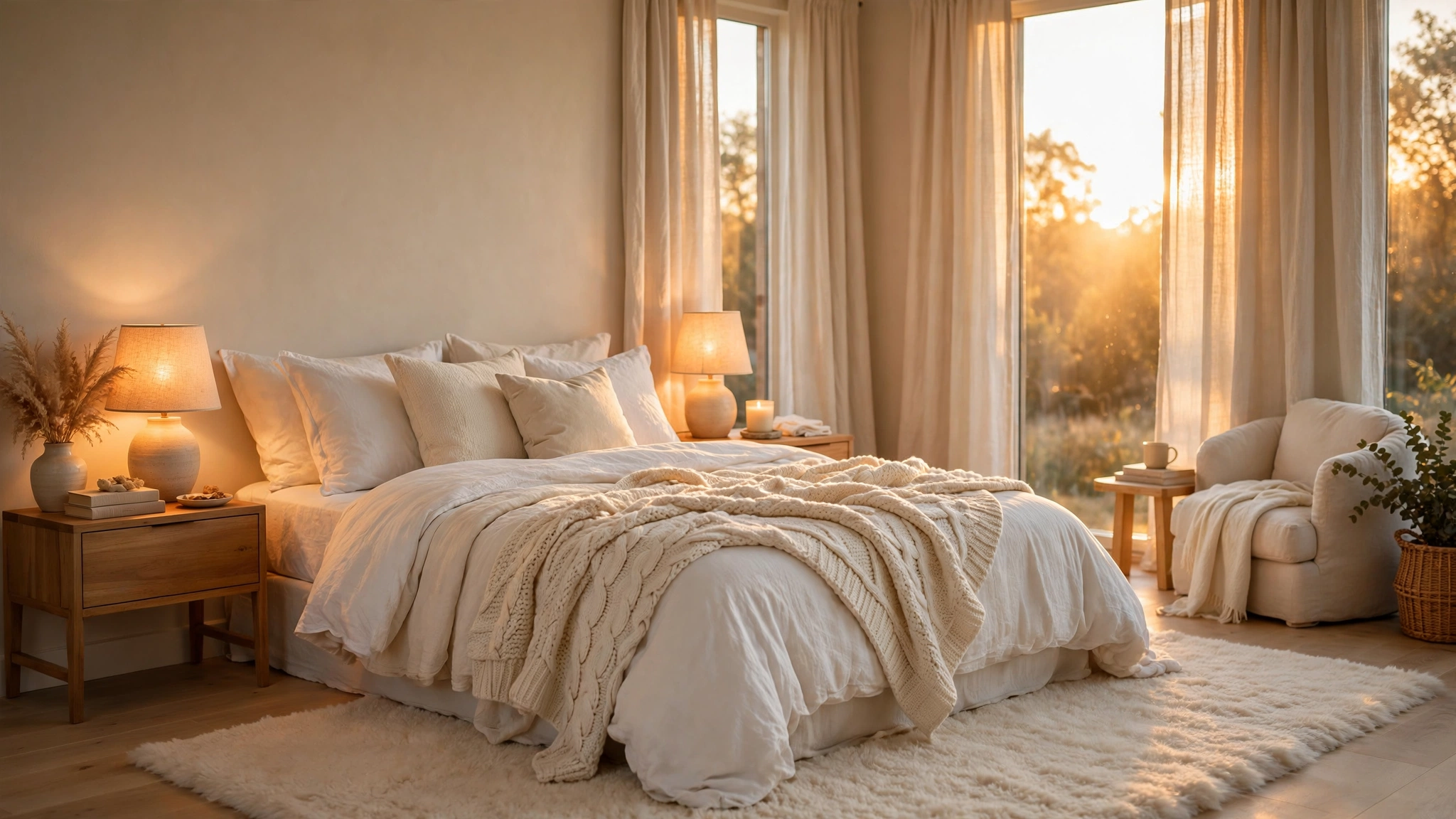 Cozy bedroom with soft layered bedding in warm neutral tones