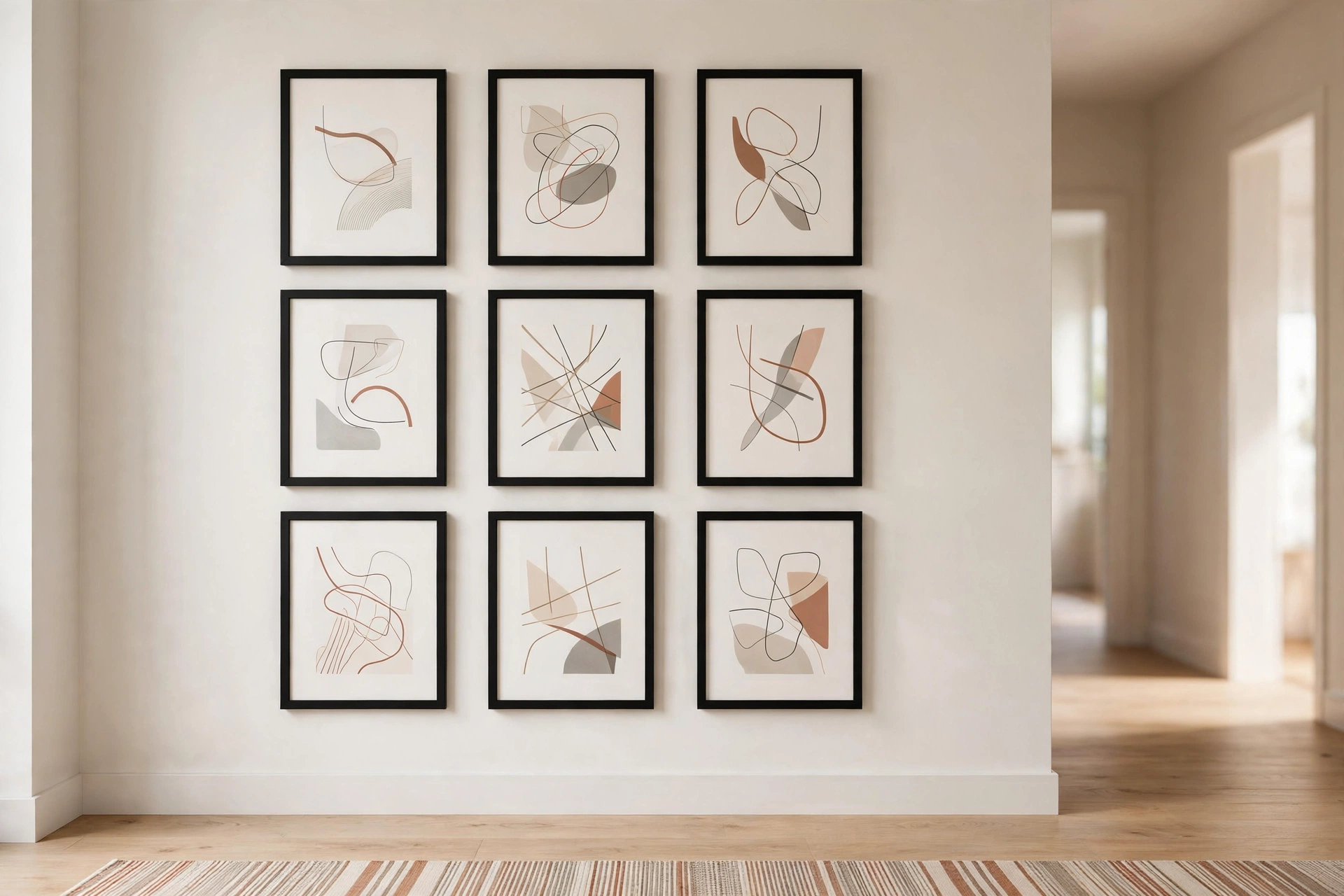 Black-framed grid gallery wall of abstract prints in a modern hallway