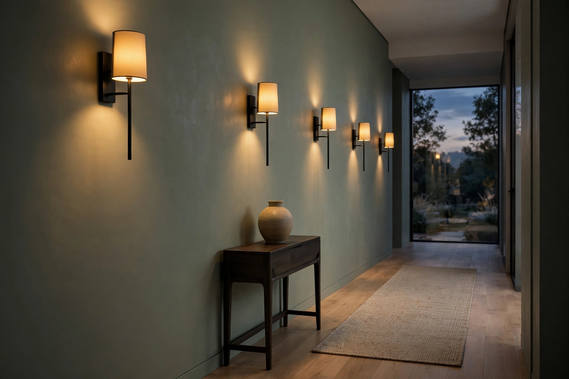 Warm wall sconces lighting a modern hallway at dusk