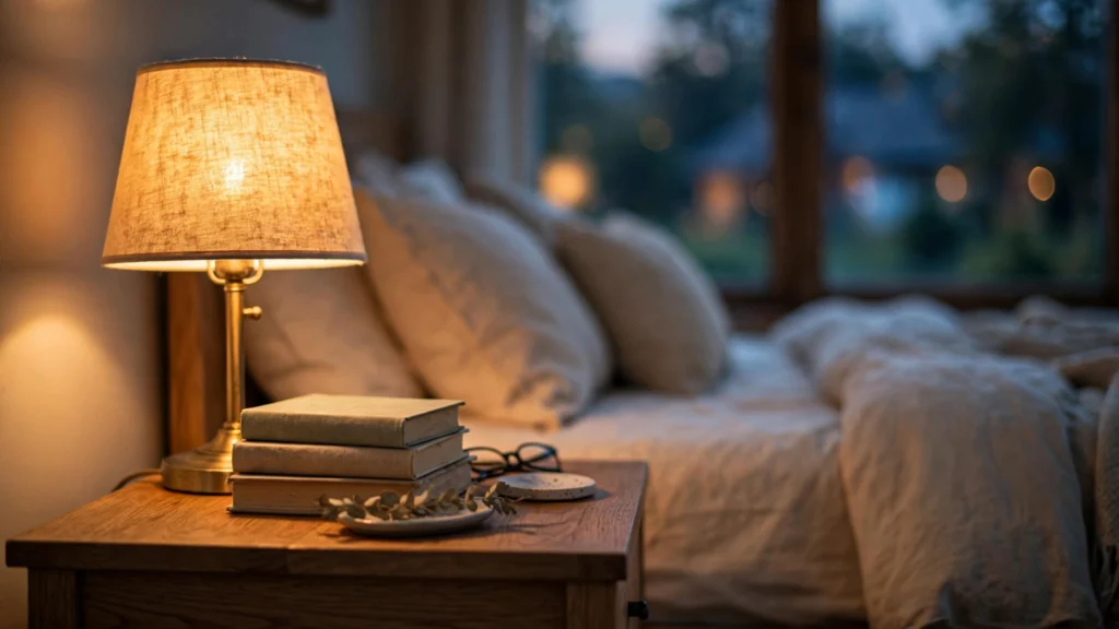 Warm glowing bedside lamp on a wooden nightstand in a cozy bedroom