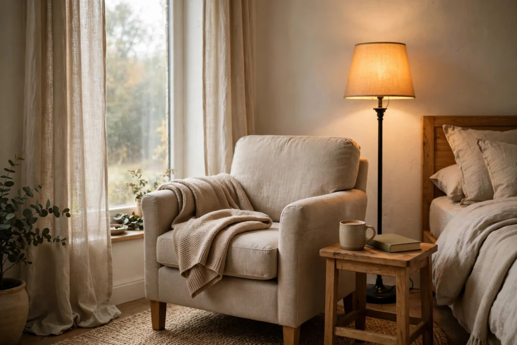 Cozy bedroom reading nook with armchair, books, and warm floor lamp
