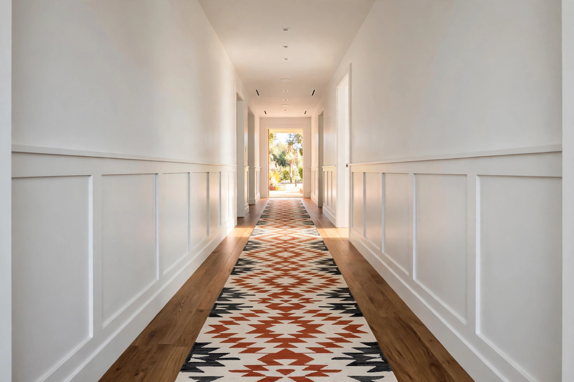 Geometric runner rug running the length of a modern hallway with white wainscoting