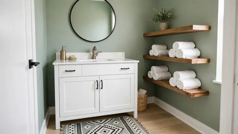 Sage green bathroom with white vanity, round mirror, and warm lighting