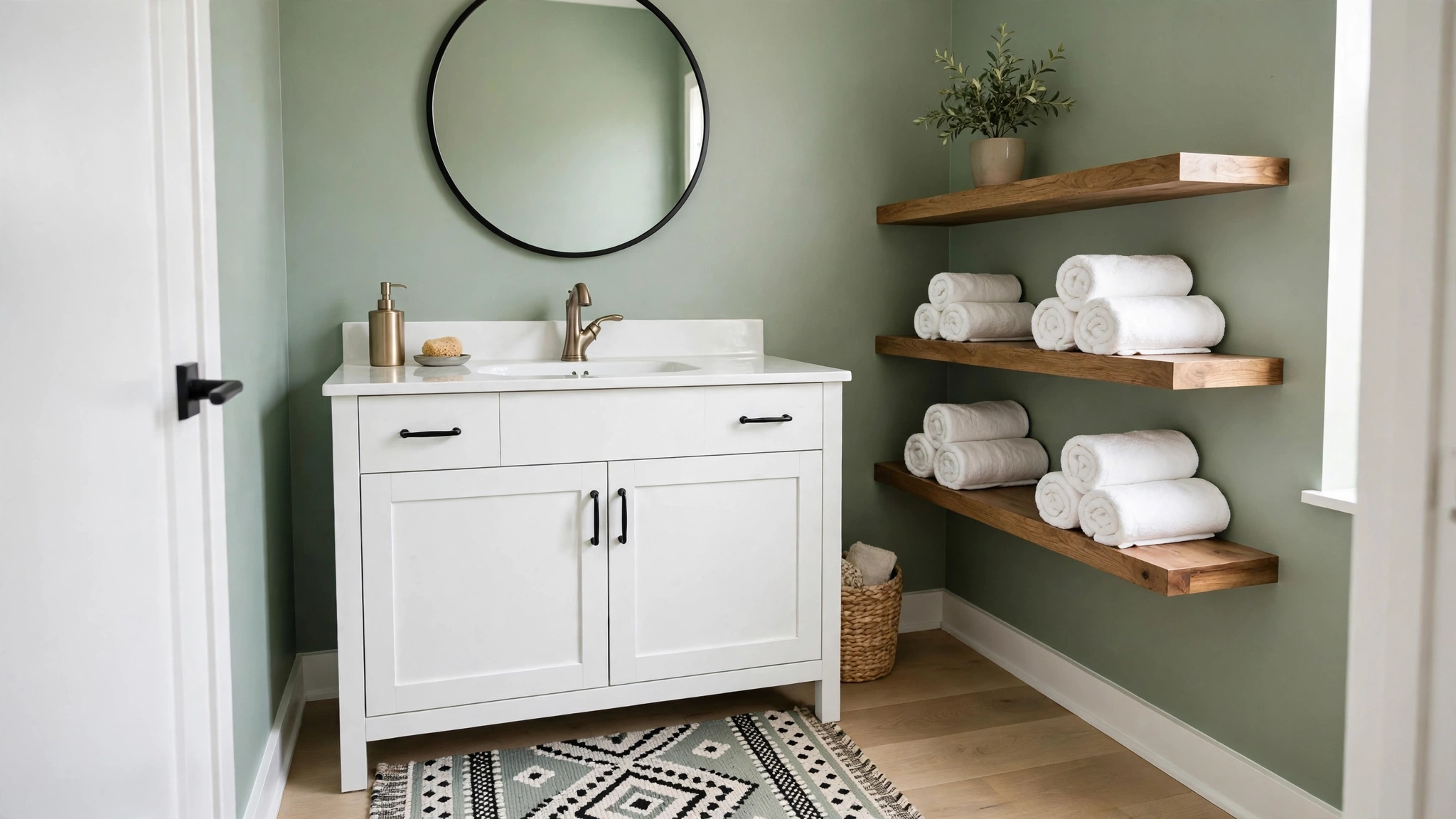 Sage green bathroom with white vanity, round mirror, and warm lighting
