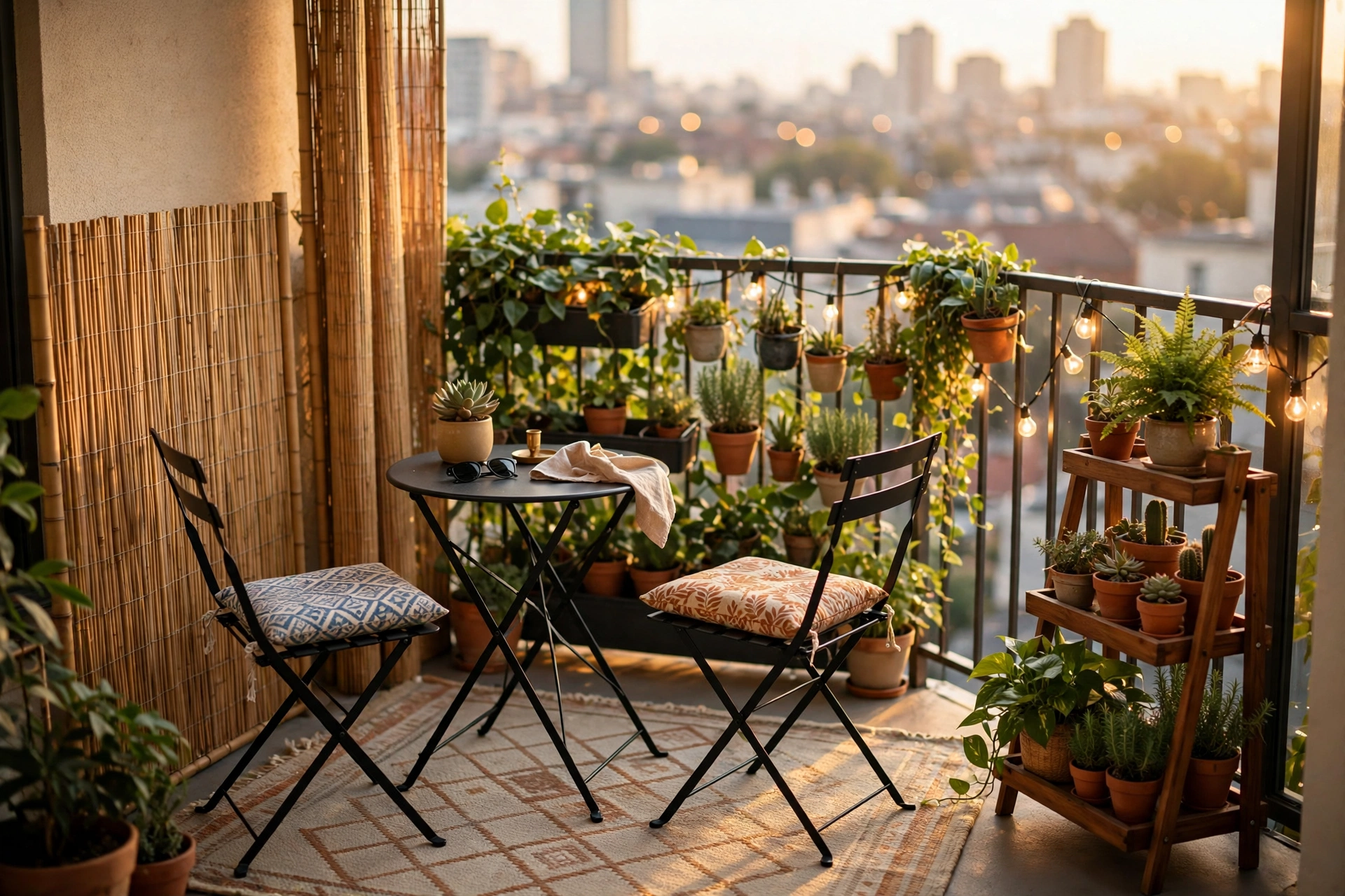 Small balcony decorated as a cozy outdoor retreat with bistro set, plants and string lights