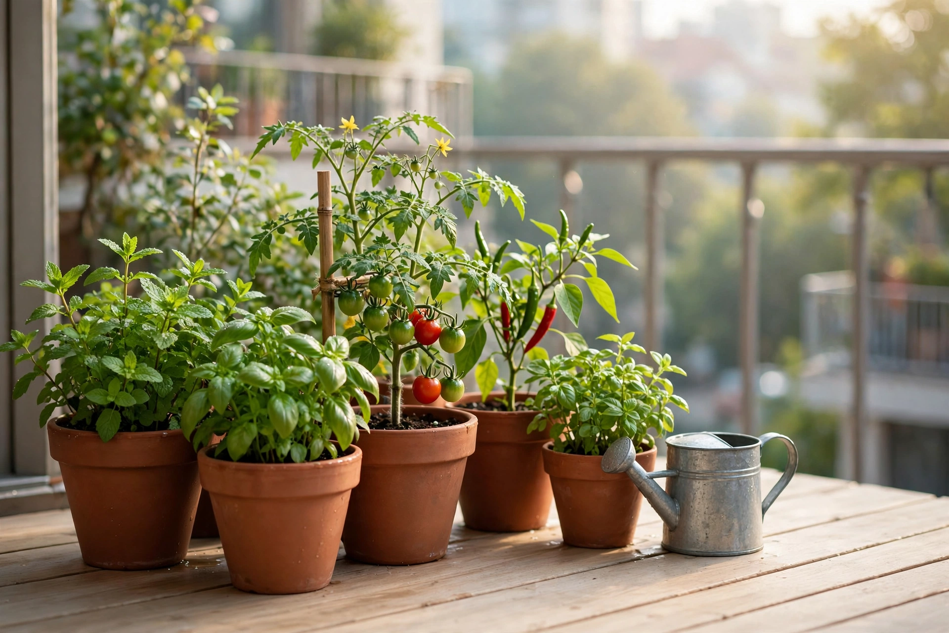 Mini herb garden with basil, mint and tomatoes on a small balcony