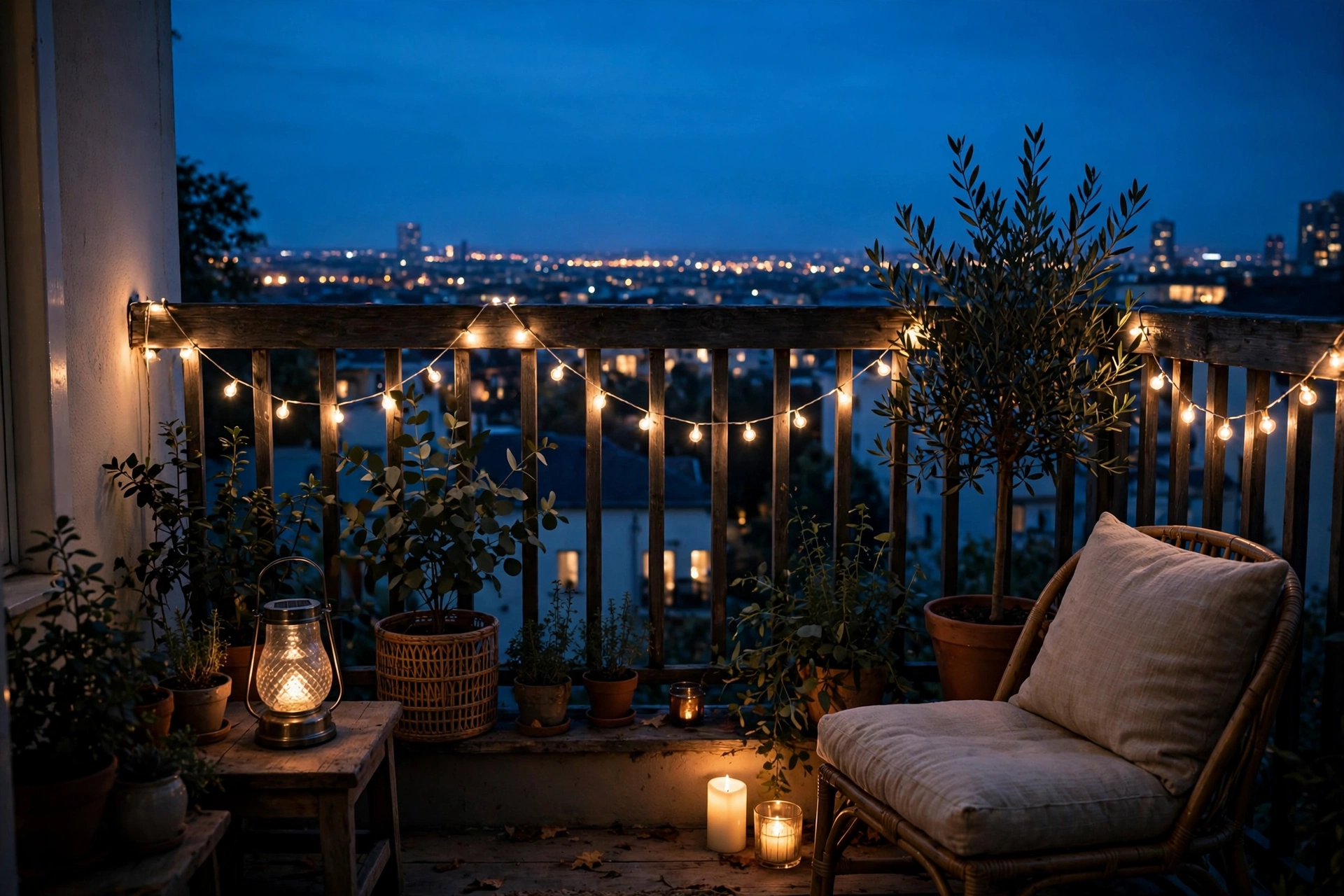 Small balcony at dusk with warm string lights and lanterns