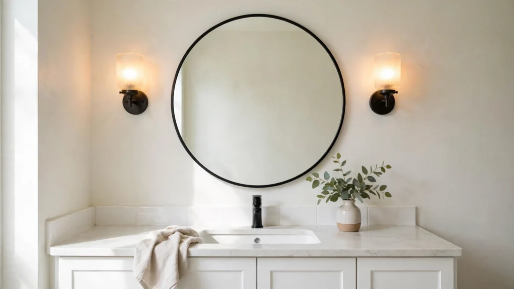 Round black-framed mirror above a bathroom sink with warm sconce lighting