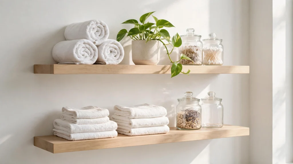 Floating wood shelves in a bathroom styled with rolled towels and plants