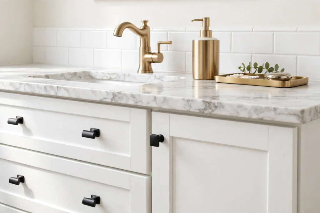 White bathroom vanity with matte black hardware and brushed brass faucet